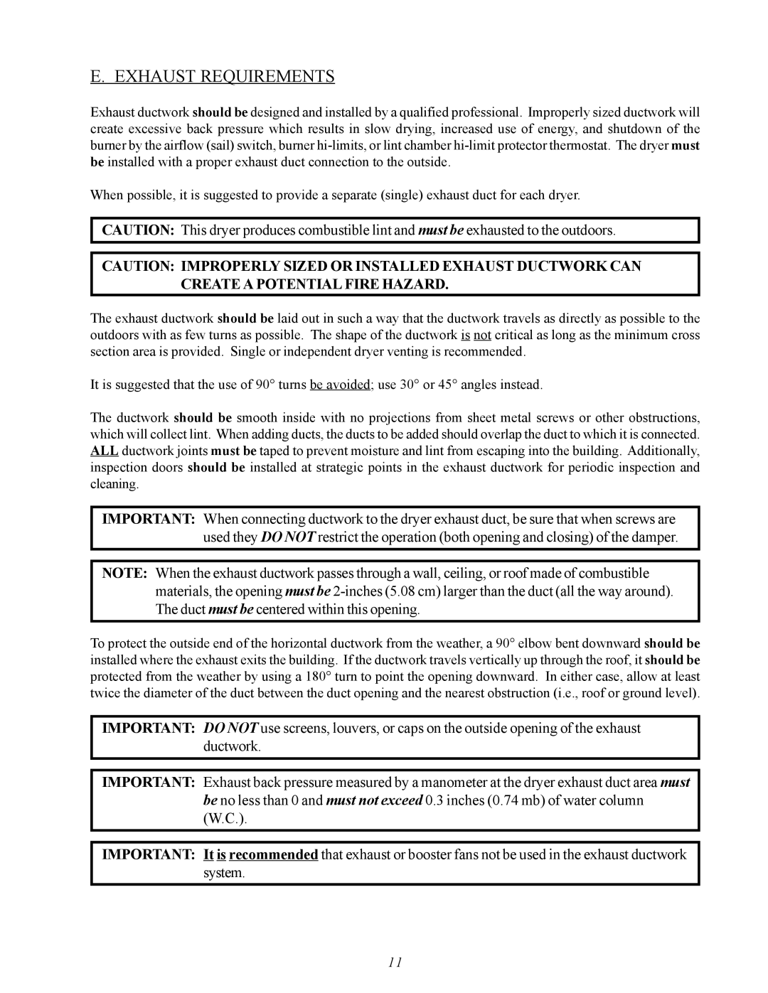 American Dryer Corp MDG50MNV, MDG50PNH installation manual Exhaust Requirements 