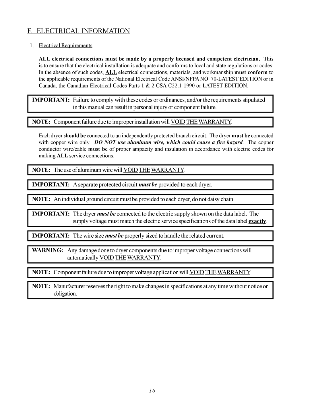 American Dryer Corp MDG50PNH, MDG50MNV installation manual Electrical Information, Electrical Requirements 