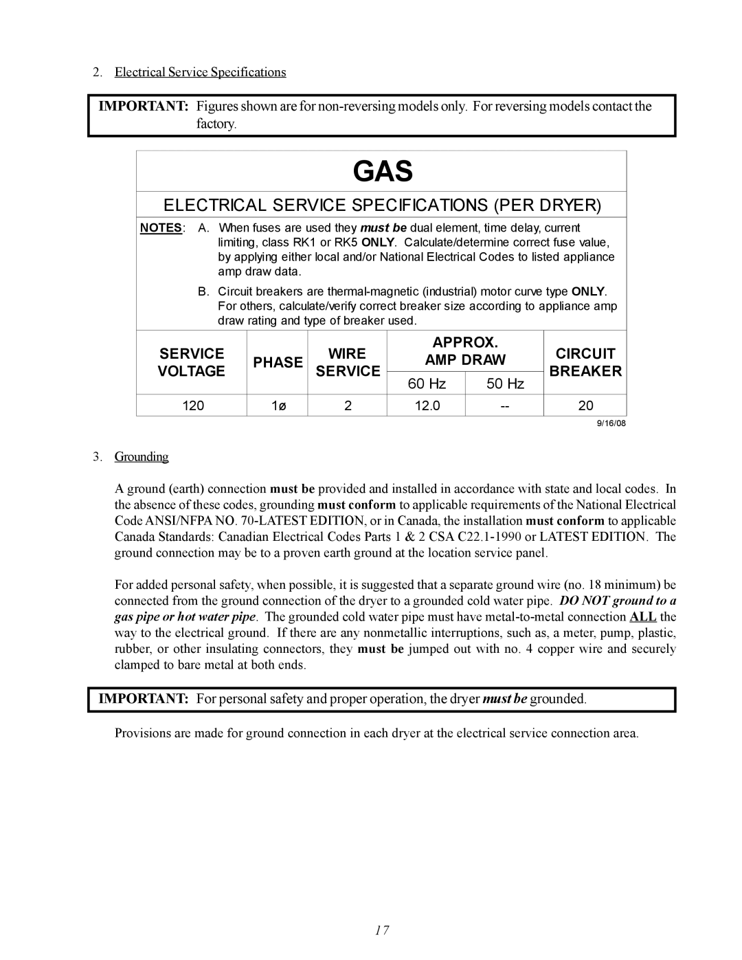 American Dryer Corp MDG50MNV, MDG50PNH installation manual Gas 