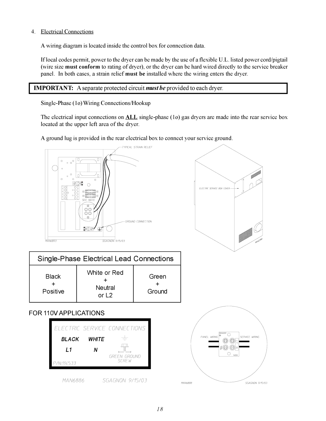 American Dryer Corp MDG50PNH, MDG50MNV installation manual Single-Phase Electrical Lead Connections 