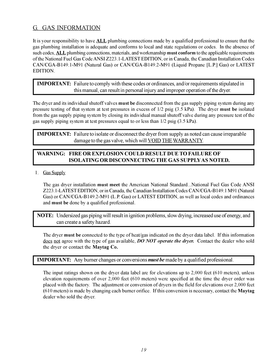 American Dryer Corp MDG50MNV, MDG50PNH installation manual GAS Information 