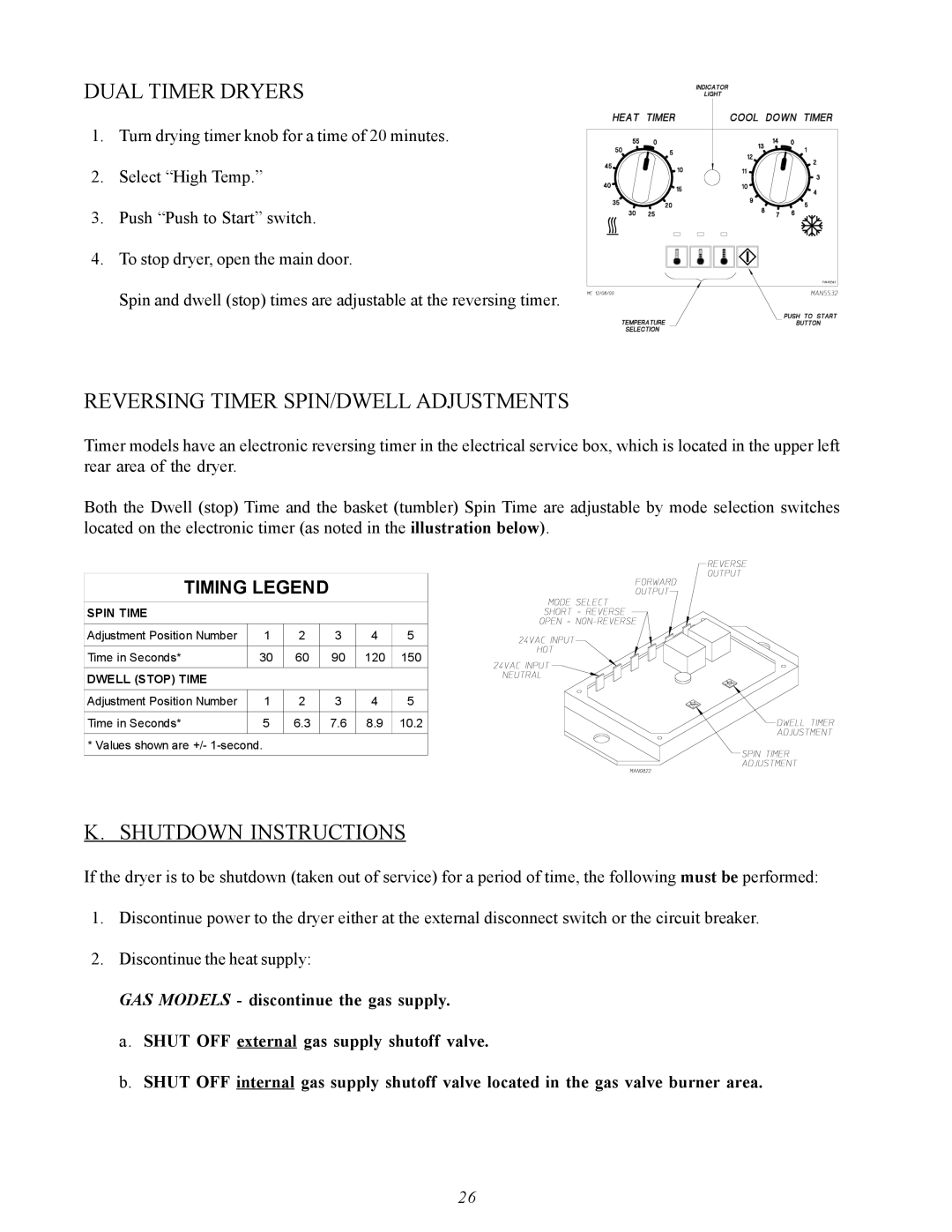 American Dryer Corp MDG50PNH, MDG50MNV Dual Timer Dryers, Reversing Timer SPIN/DWELL Adjustments, Shutdown Instructions 