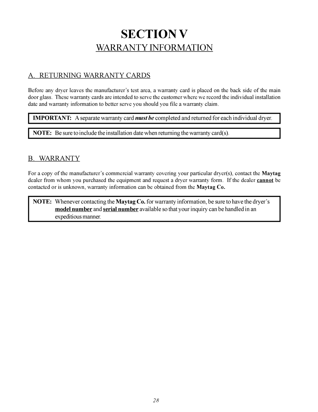 American Dryer Corp MDG50PNH, MDG50MNV installation manual Warranty Information, Returning Warranty Cards 