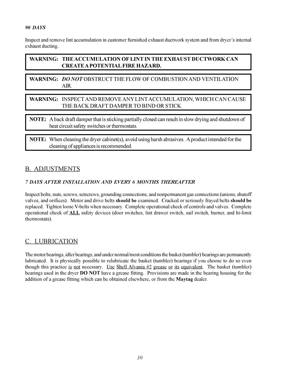 American Dryer Corp MDG50PNH, MDG50MNV installation manual Adjustments, Lubrication 