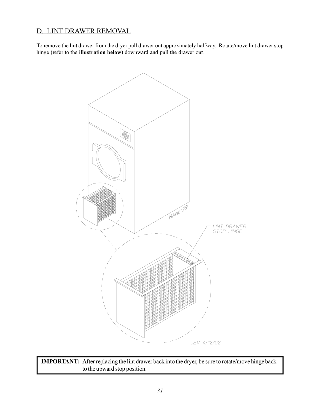 American Dryer Corp MDG50MNV, MDG50PNH installation manual Lint Drawer Removal 