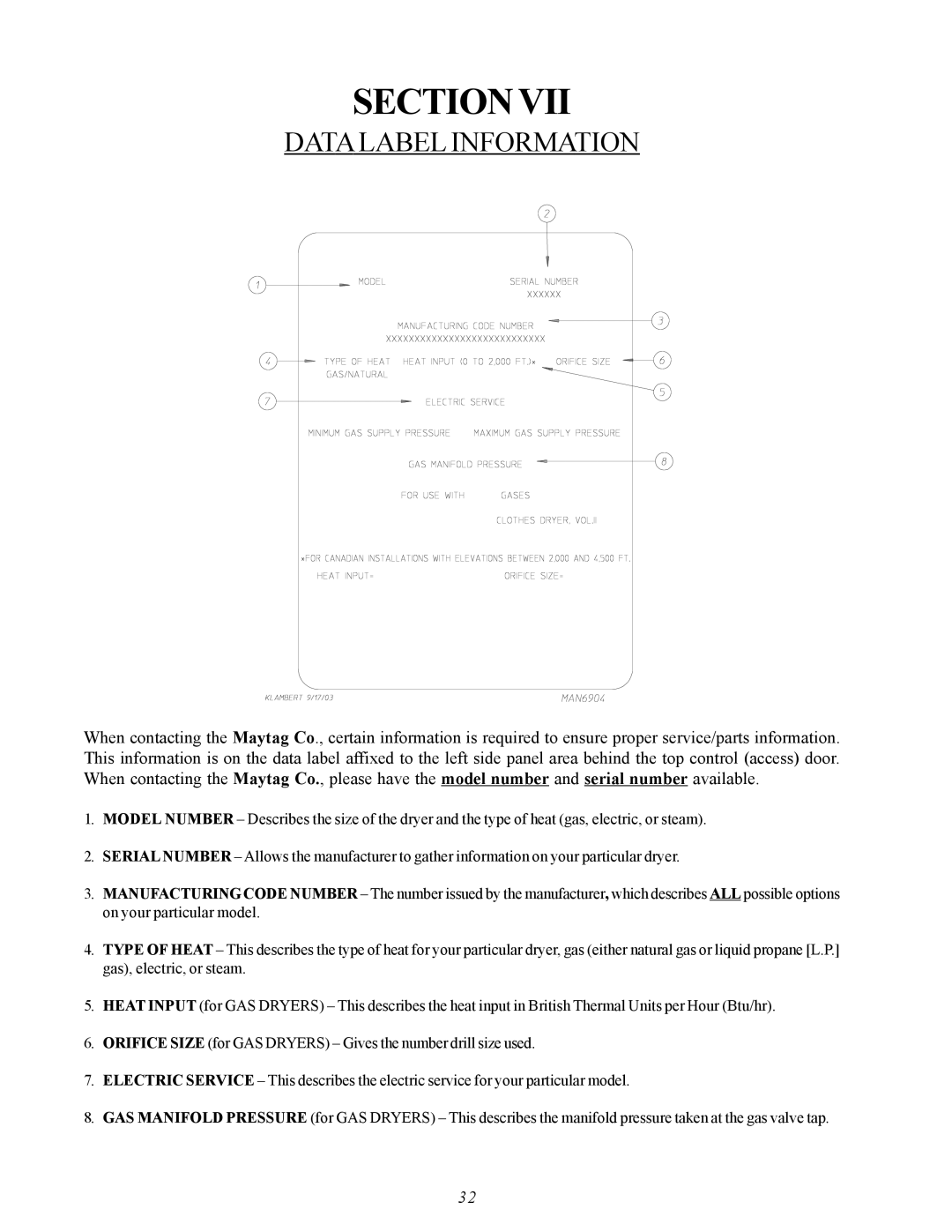 American Dryer Corp MDG50PNH, MDG50MNV installation manual Sectionvii, Data Label Information 