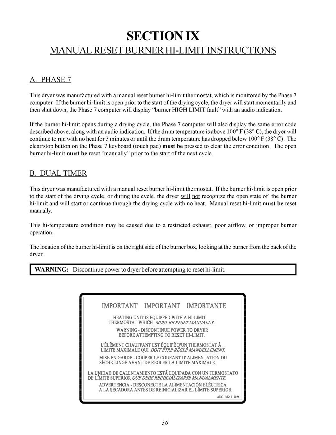 American Dryer Corp MDG50PNH, MDG50MNV installation manual Manual Reset Burner HI-LIMIT Instructions, Phase, Dual Timer 