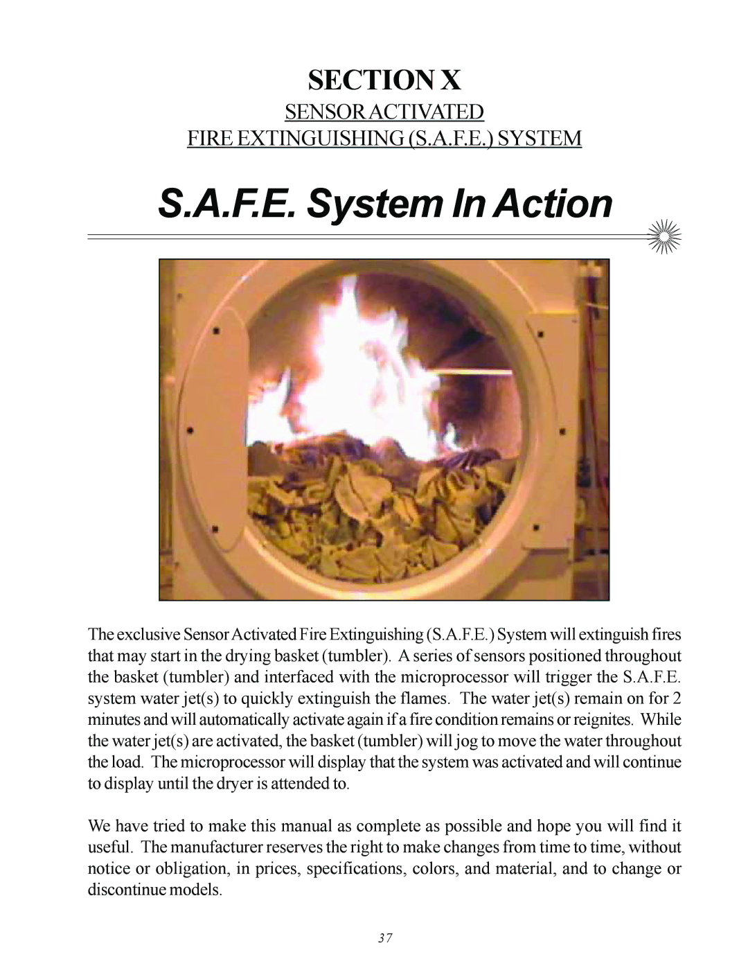 American Dryer Corp MDG50MNV, MDG50PNH F.E. System In Action, Sensoractivated Fire Extinguishing S.A.F.E. System 