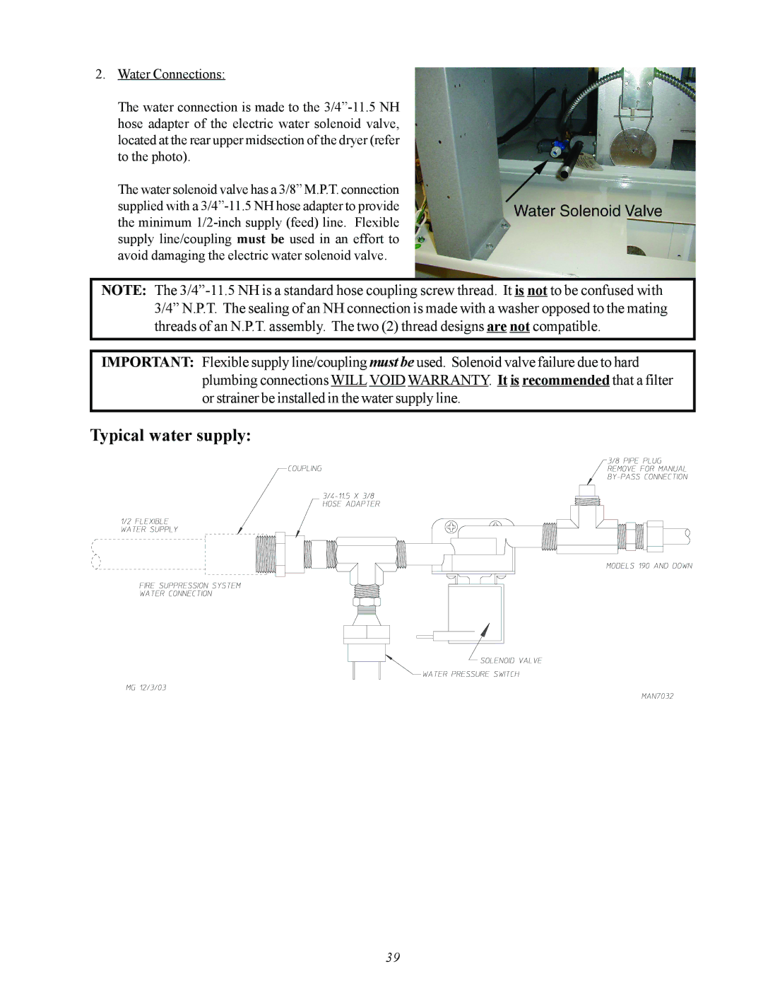 American Dryer Corp MDG50MNV, MDG50PNH installation manual Typical water supply 