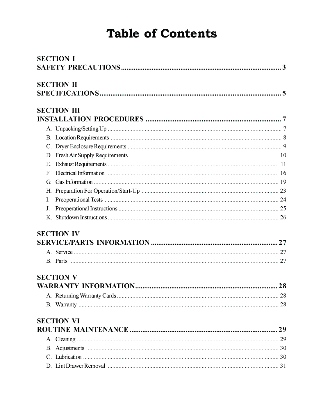 American Dryer Corp MDG50MNV, MDG50PNH installation manual Table of Contents 