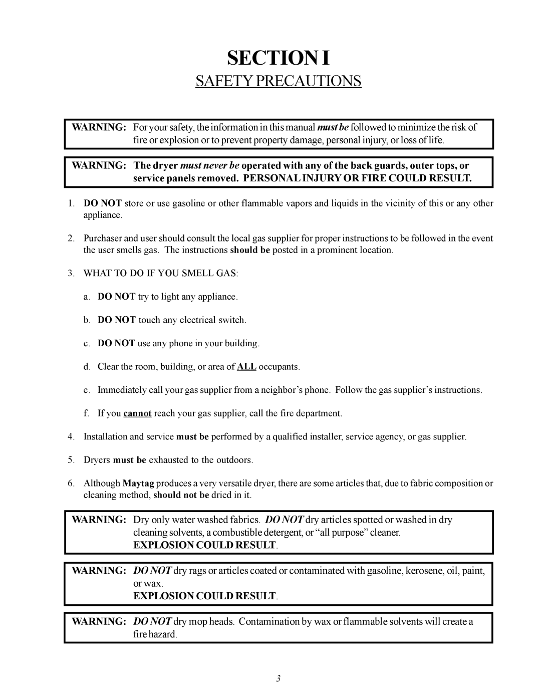 American Dryer Corp MDG50MNV, MDG50PNH installation manual Section, Safety Precautions 