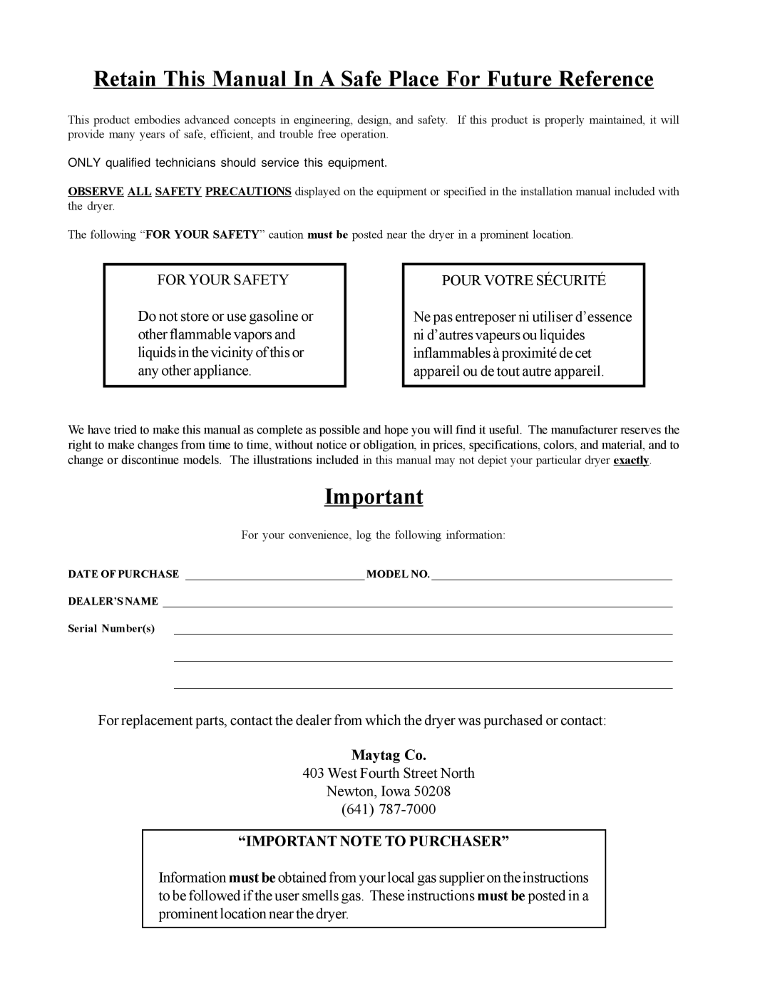 American Dryer Corp MDG50V Retain This Manual In a Safe Place For Future Reference, Important Note to Purchaser 