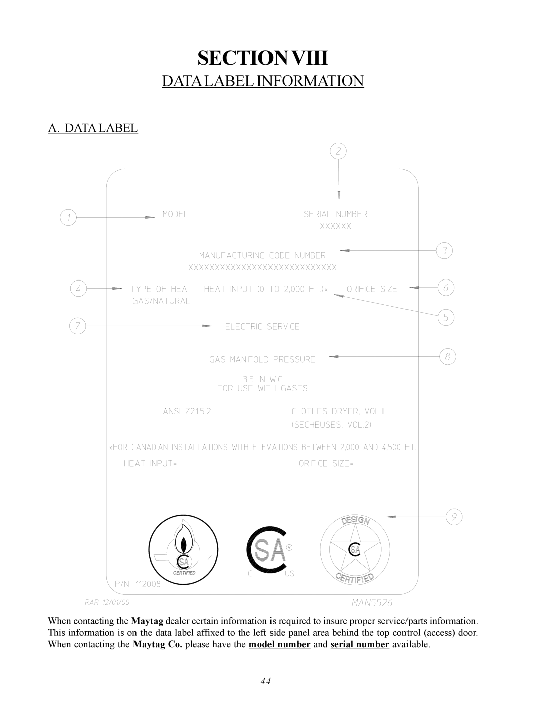 American Dryer Corp MDG50V installation manual Data Label Information 