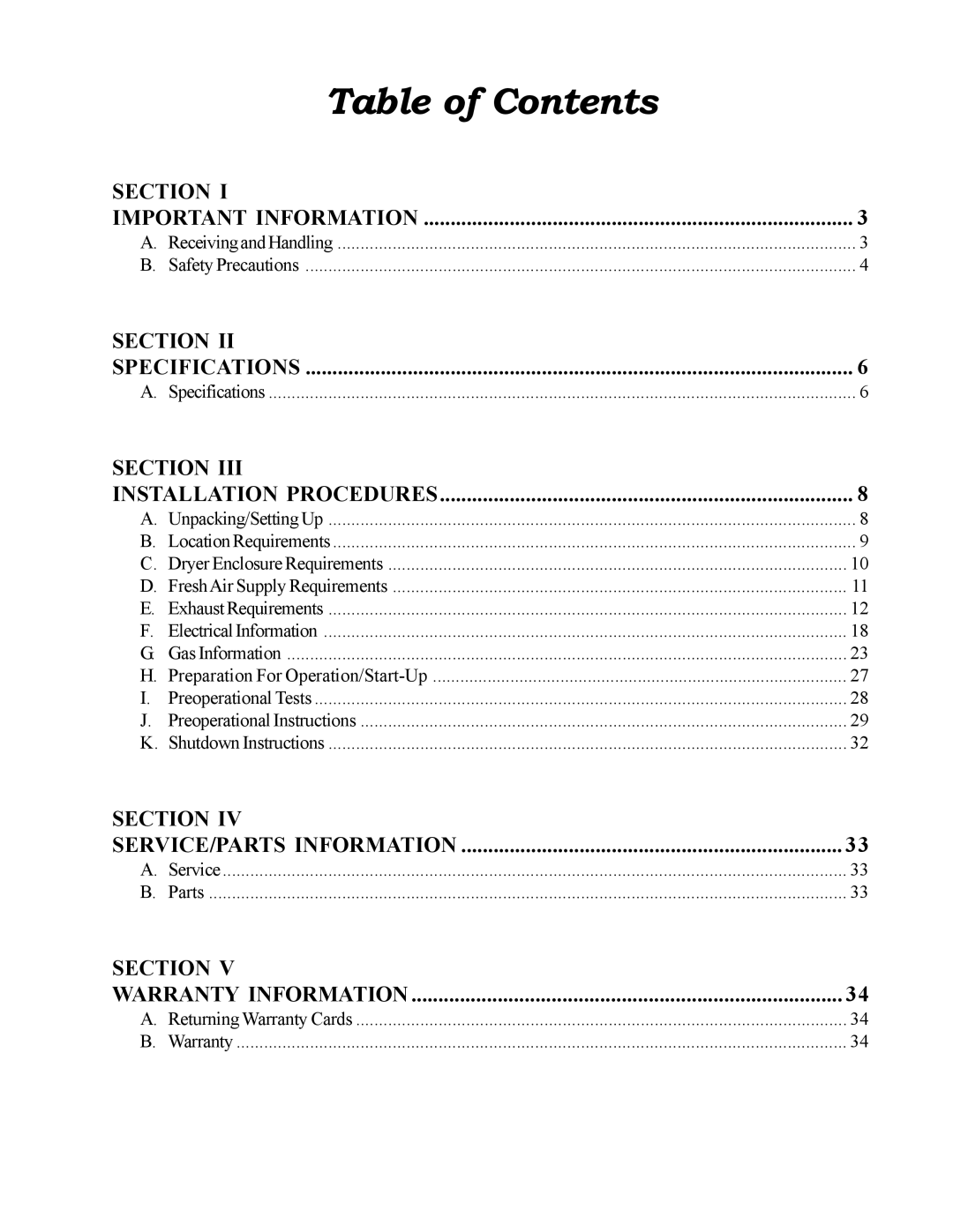 American Dryer Corp MDG50V installation manual Table of Contents 