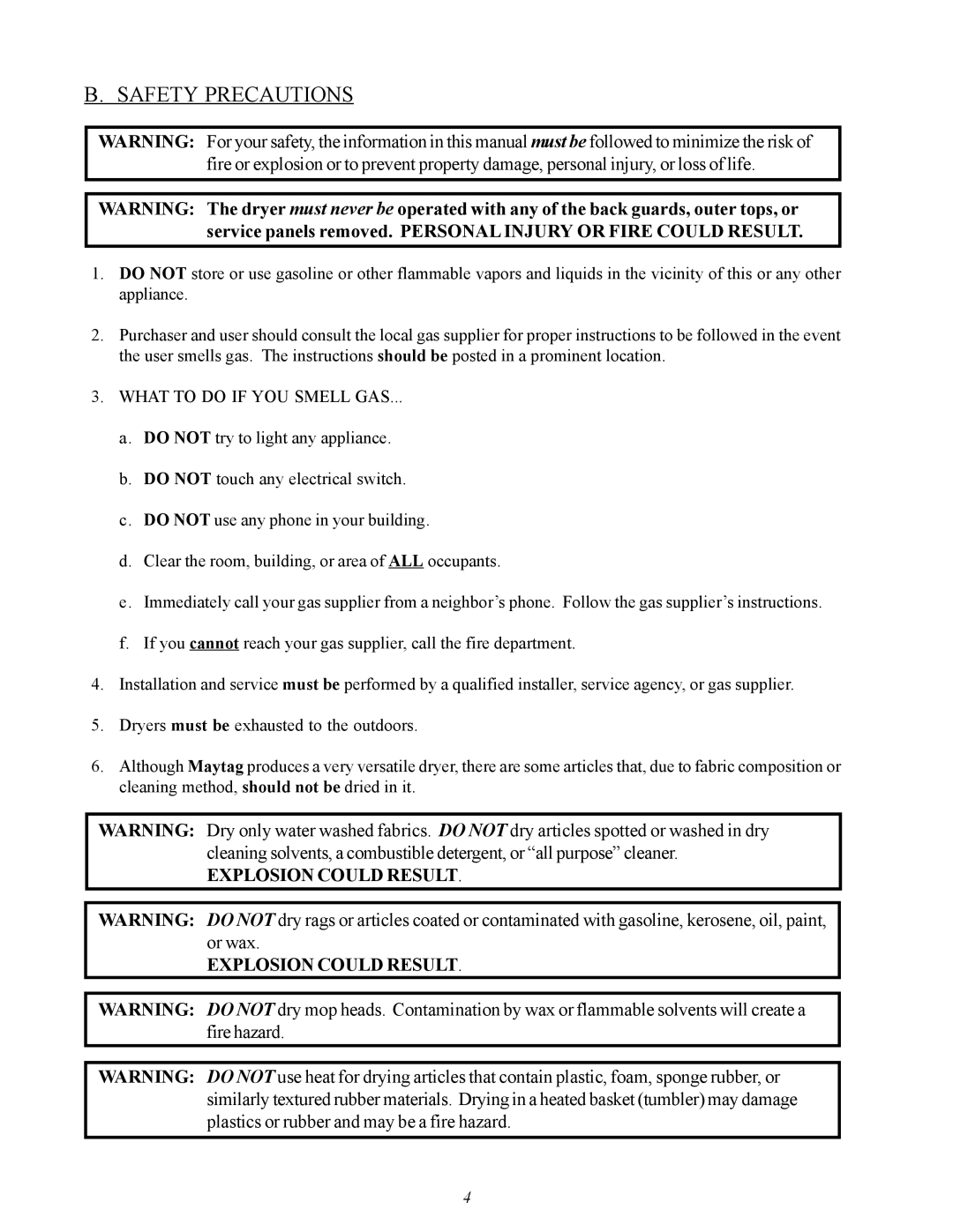 American Dryer Corp MDG50V installation manual Safety Precautions, Explosion could Result 