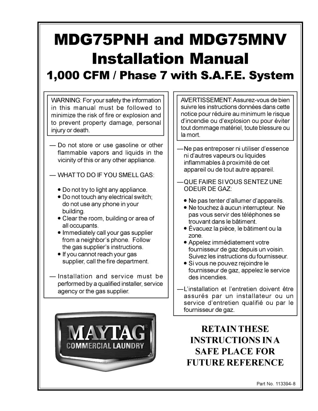 American Dryer Corp installation manual MDG75PNH and MDG75MNV Installation Manual 