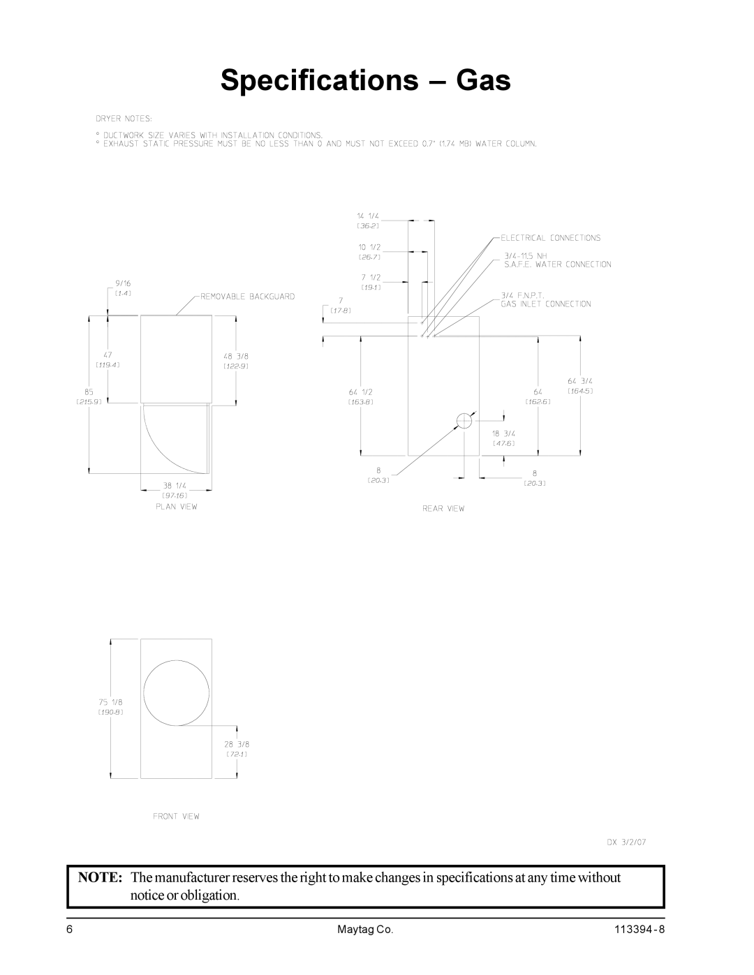 American Dryer Corp MDG75PNH, MDG75MNV installation manual Specifications Gas 