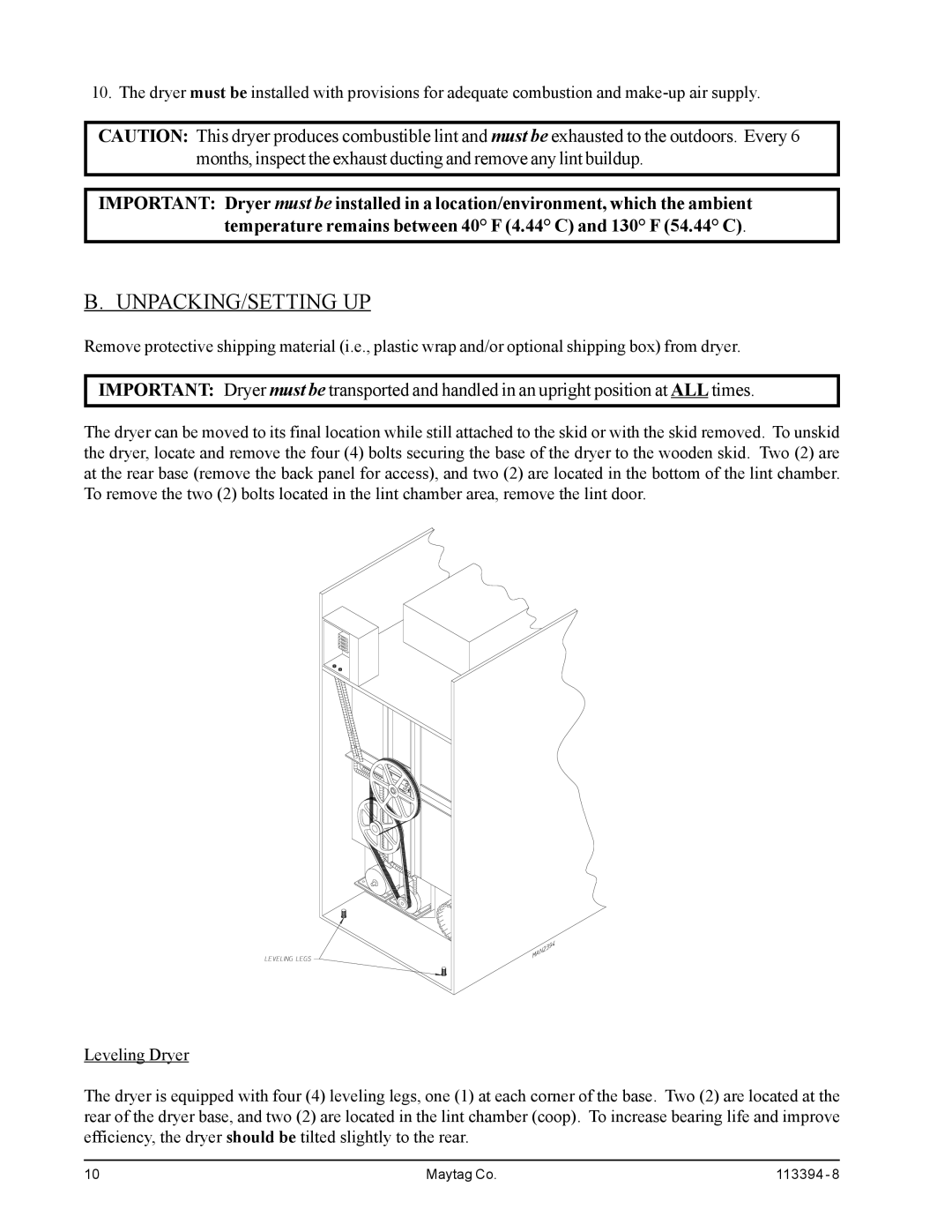 American Dryer Corp MDG75PNH, MDG75MNV installation manual Unpacking/Setting Up 