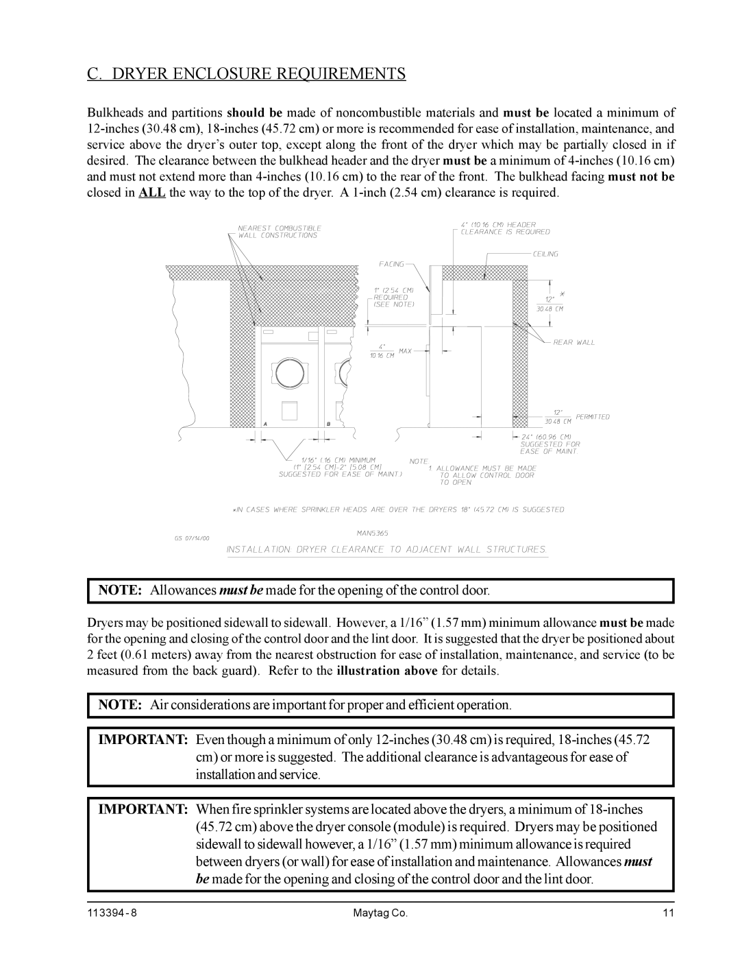 American Dryer Corp MDG75MNV, MDG75PNH installation manual Dryer Enclosure Requirements 