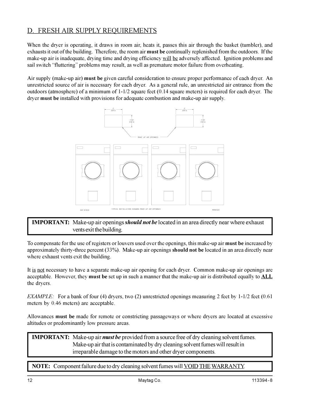 American Dryer Corp MDG75PNH, MDG75MNV installation manual Fresh AIR Supply Requirements 