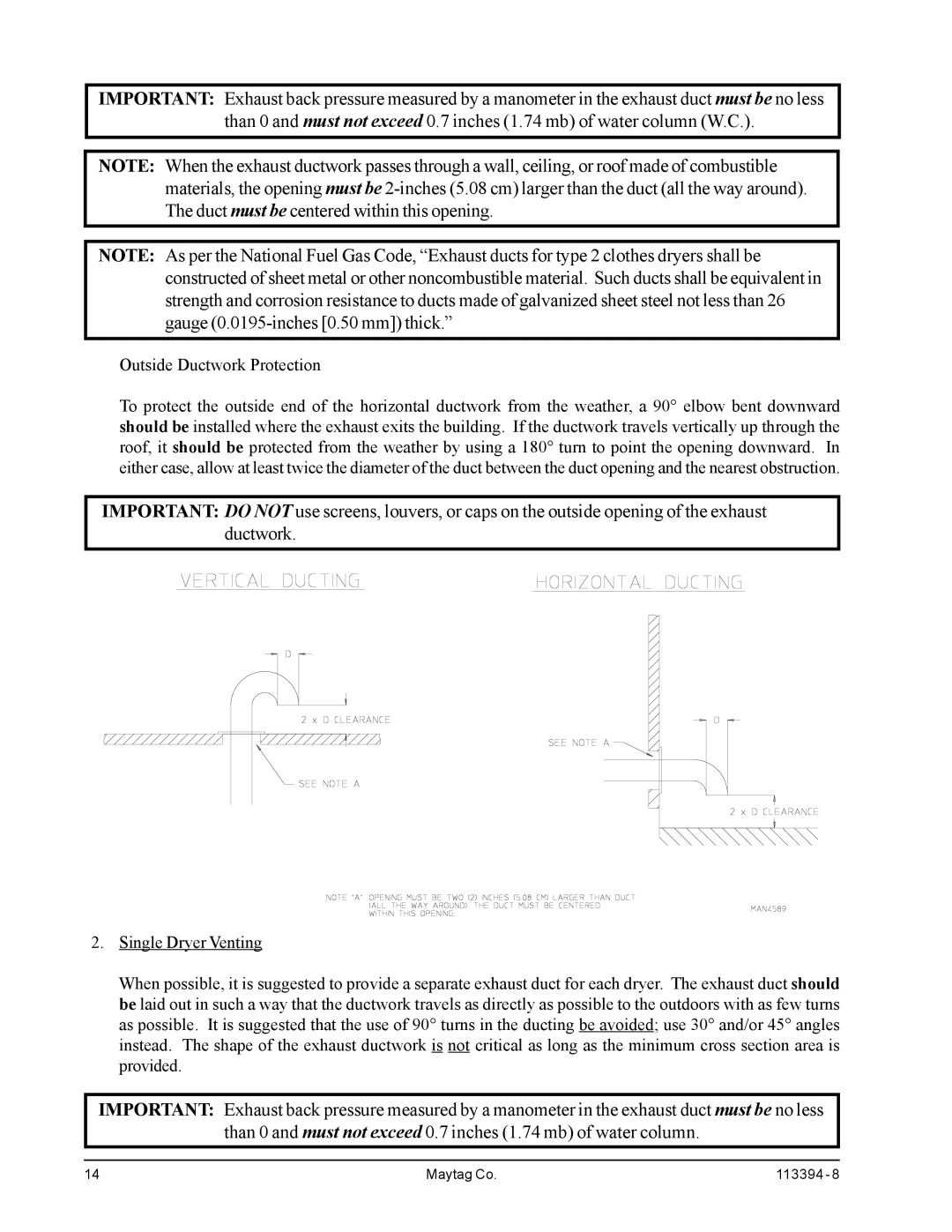 American Dryer Corp MDG75PNH, MDG75MNV installation manual Outside Ductwork Protection 