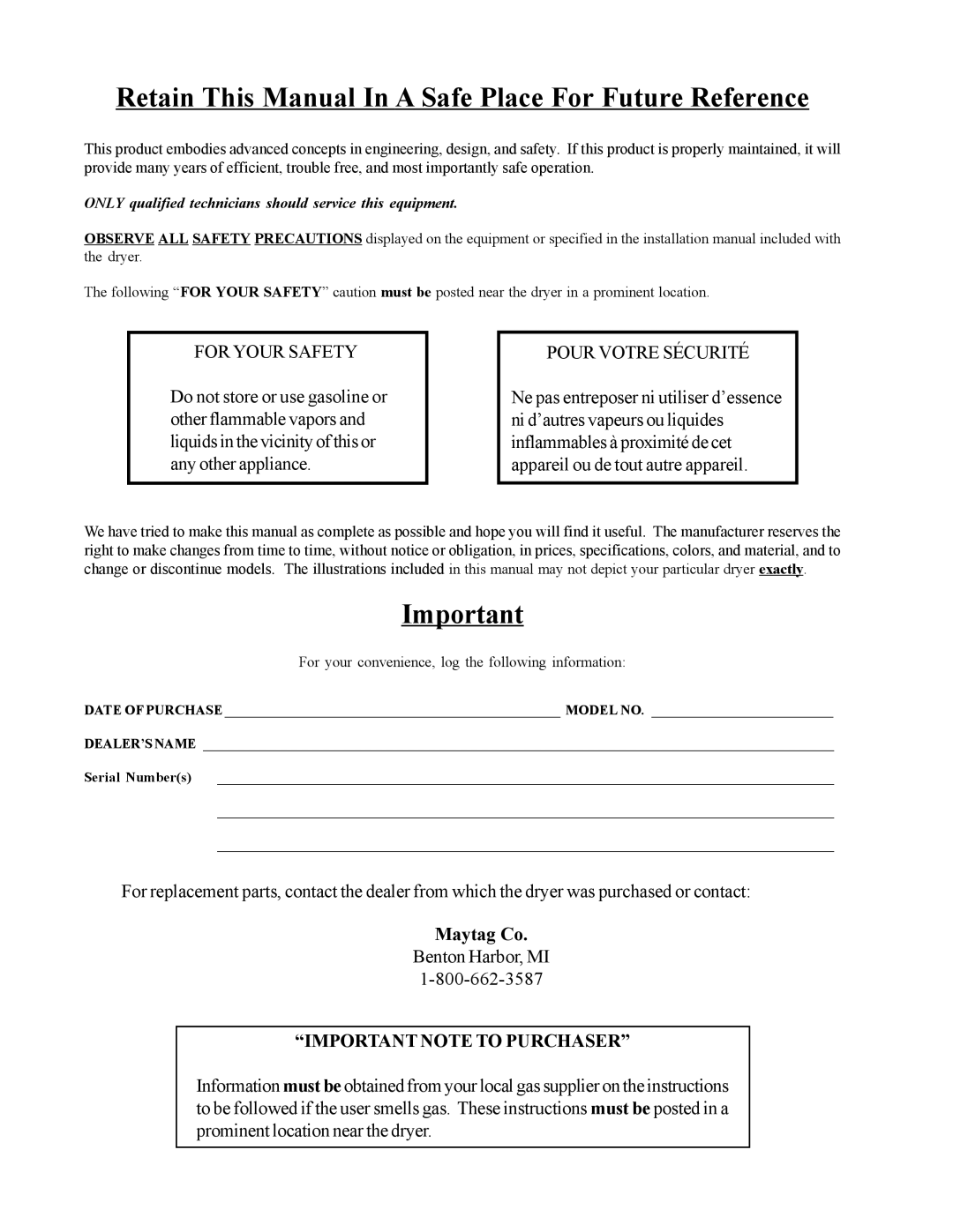 American Dryer Corp MDG75PNH, MDG75MNV installation manual Retain This Manual In a Safe Place For Future Reference 