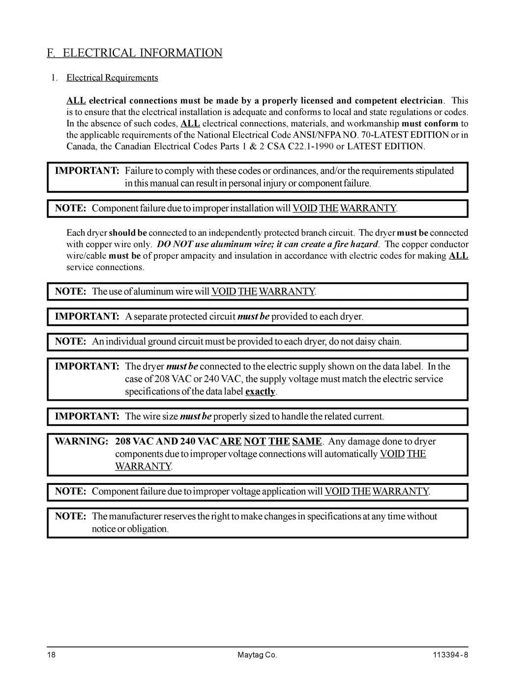 American Dryer Corp MDG75PNH, MDG75MNV installation manual Electrical Information, Electrical Requirements 