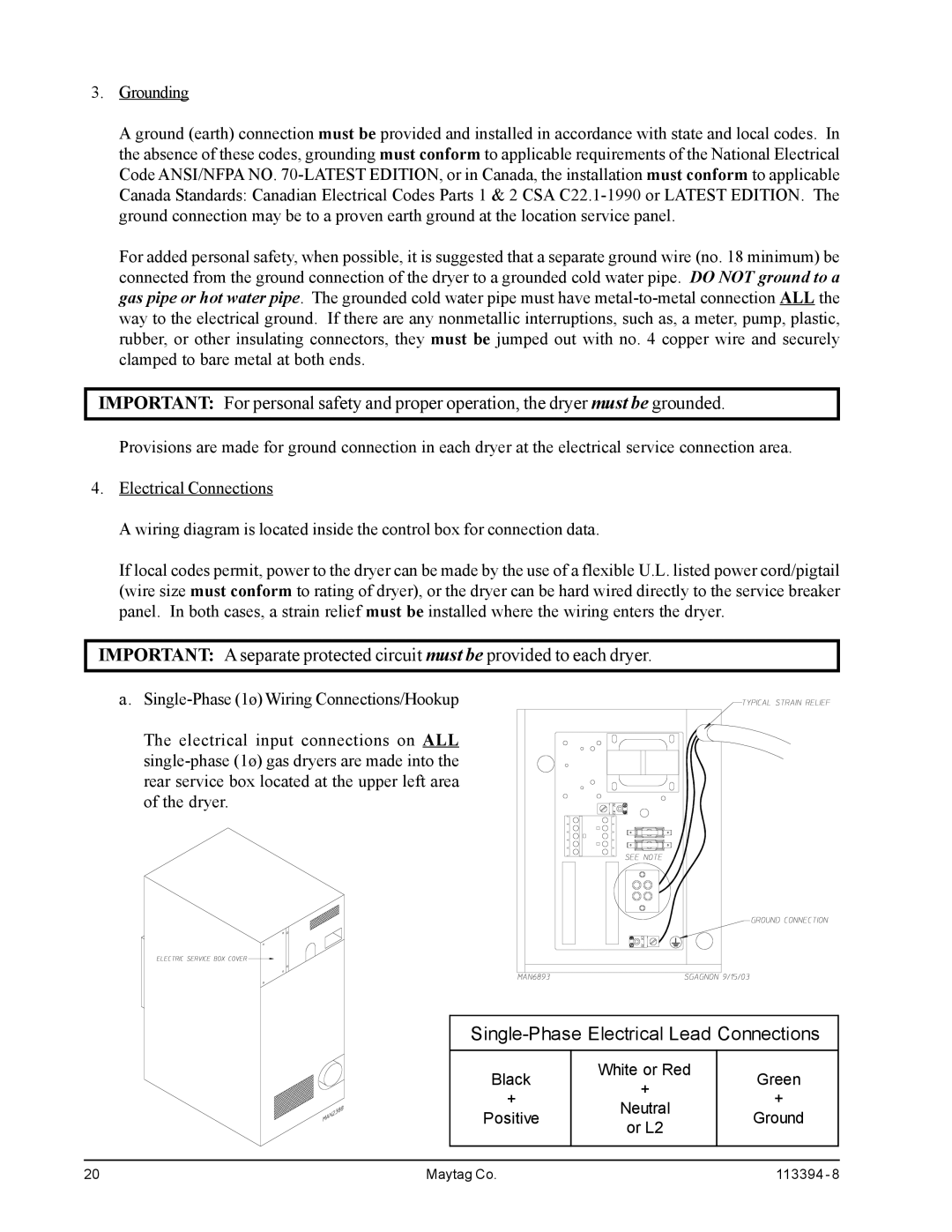 American Dryer Corp MDG75PNH, MDG75MNV installation manual Single-Phase Electrical Lead Connections 