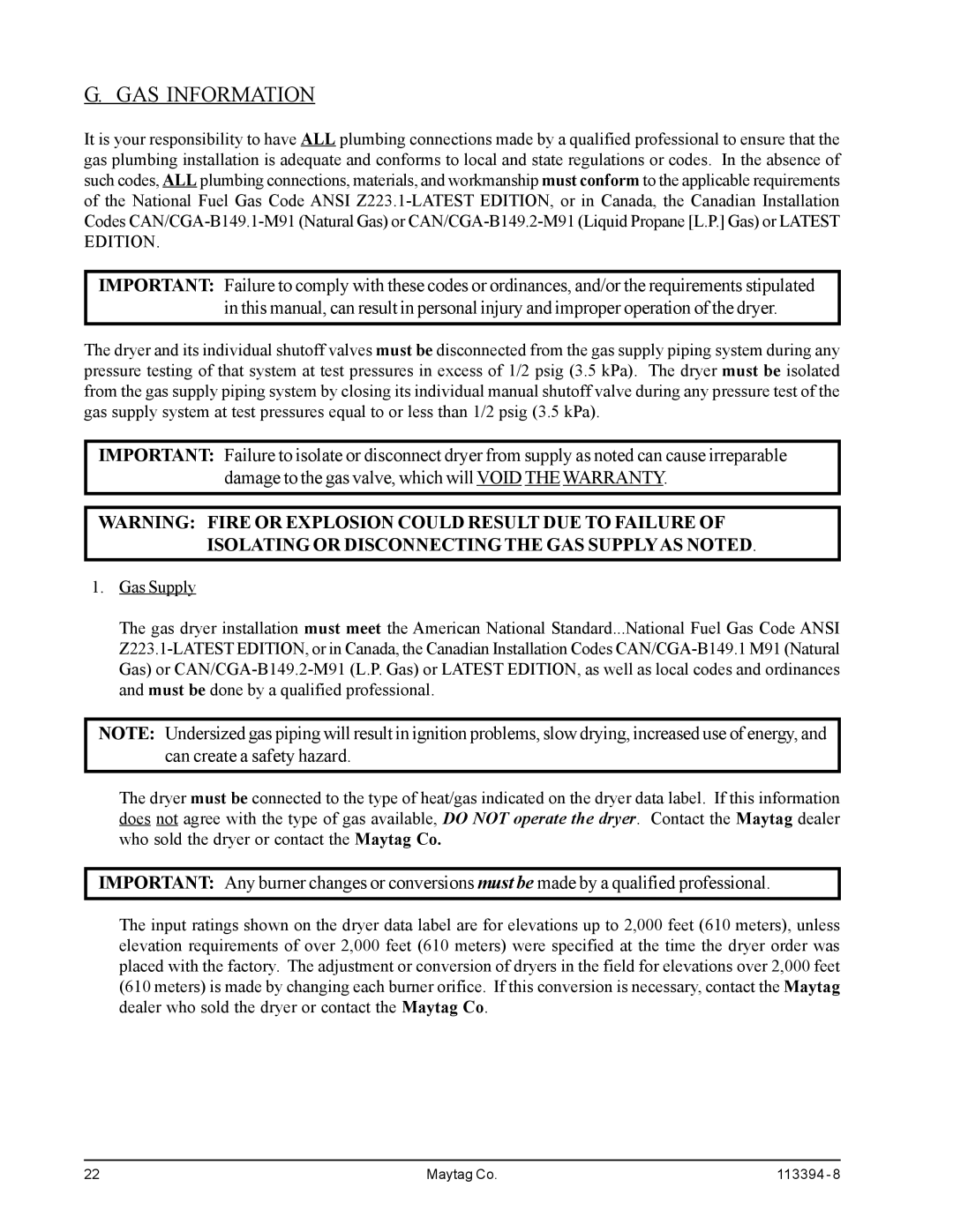 American Dryer Corp MDG75PNH, MDG75MNV installation manual GAS Information 