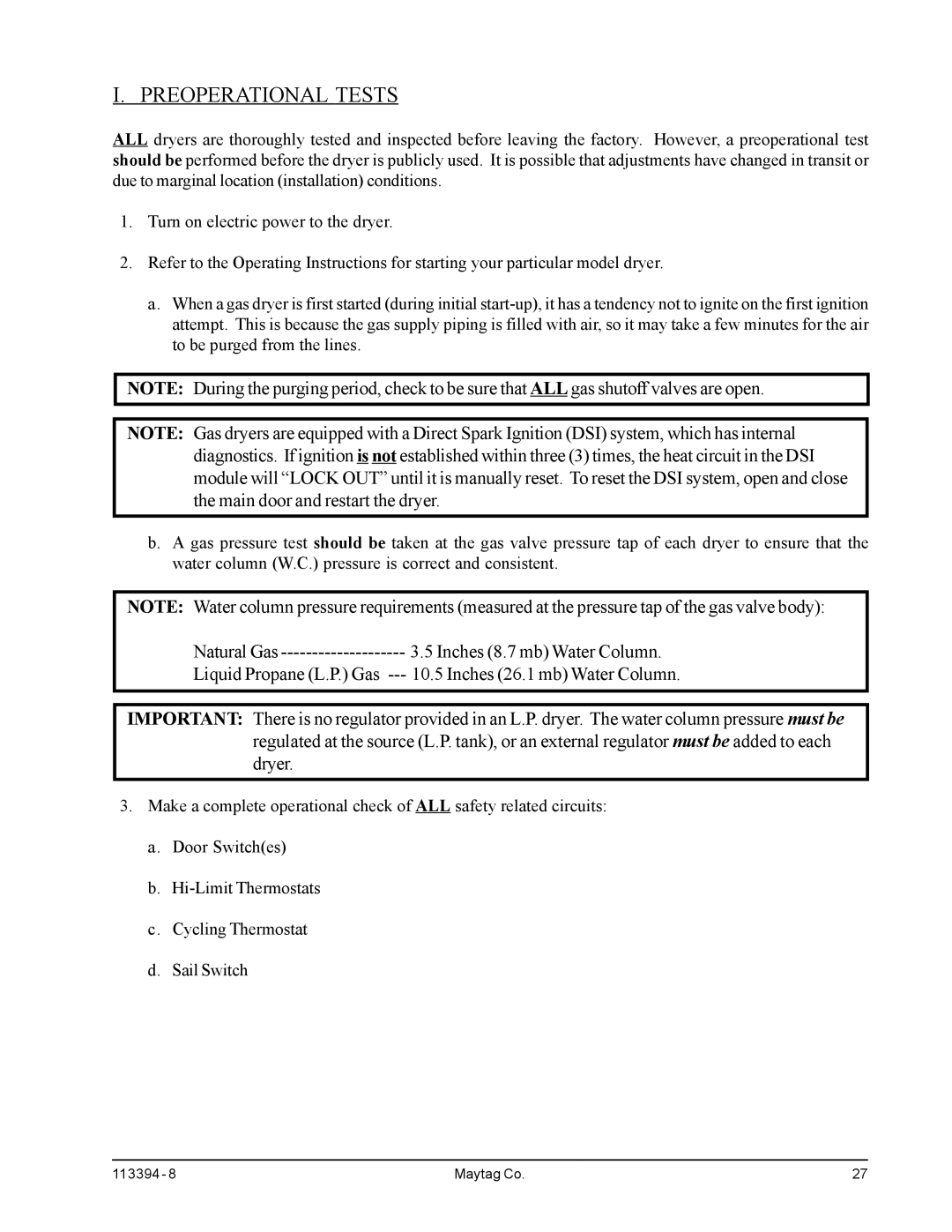 American Dryer Corp MDG75MNV, MDG75PNH installation manual Preoperational Tests 