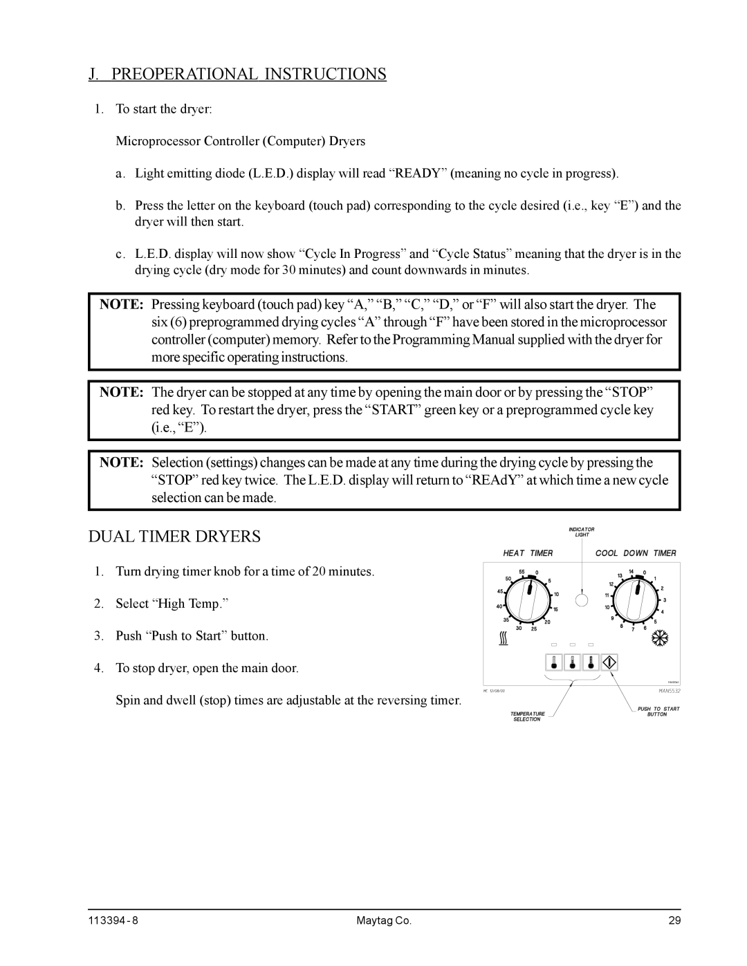 American Dryer Corp MDG75MNV, MDG75PNH installation manual Preoperational Instructions, Dual Timer Dryers 