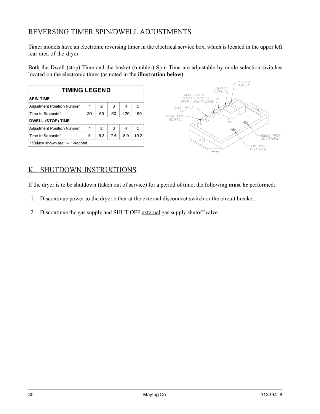 American Dryer Corp MDG75PNH, MDG75MNV installation manual Reversing Timer SPIN/DWELL Adjustments, Shutdown Instructions 