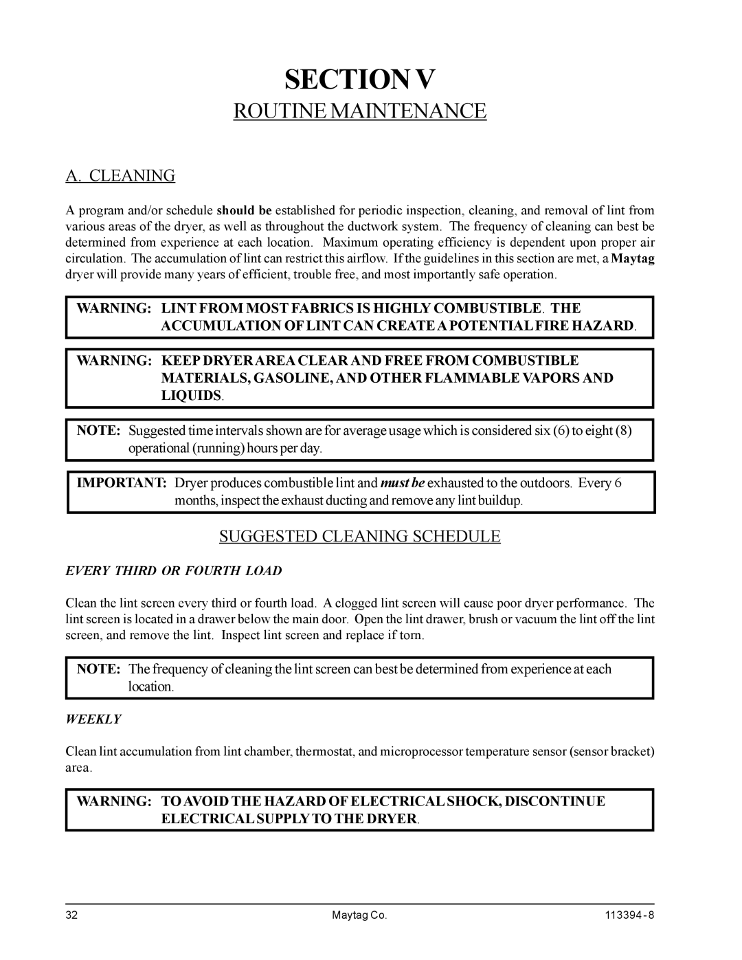 American Dryer Corp MDG75PNH, MDG75MNV installation manual Routine Maintenance, Suggested Cleaning Schedule 