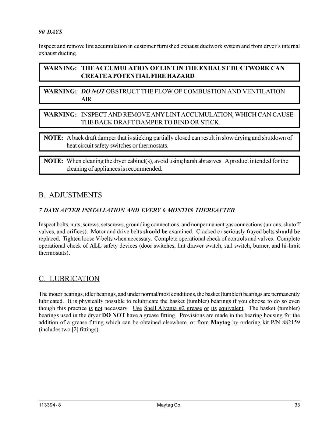 American Dryer Corp MDG75MNV, MDG75PNH installation manual Adjustments, Lubrication 