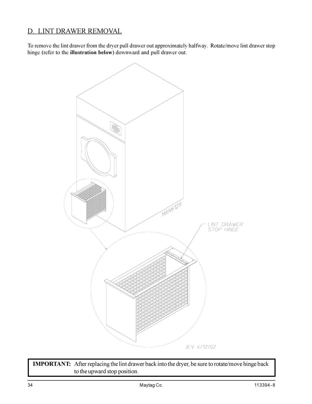 American Dryer Corp MDG75PNH, MDG75MNV installation manual Lint Drawer Removal 