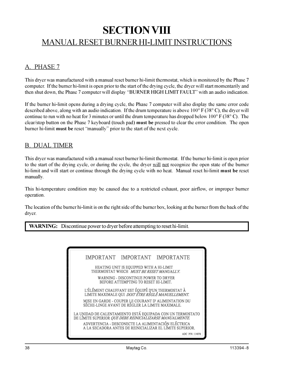 American Dryer Corp MDG75PNH, MDG75MNV installation manual Manual Reset Burner HI-LIMIT Instructions, Phase, Dual Timer 