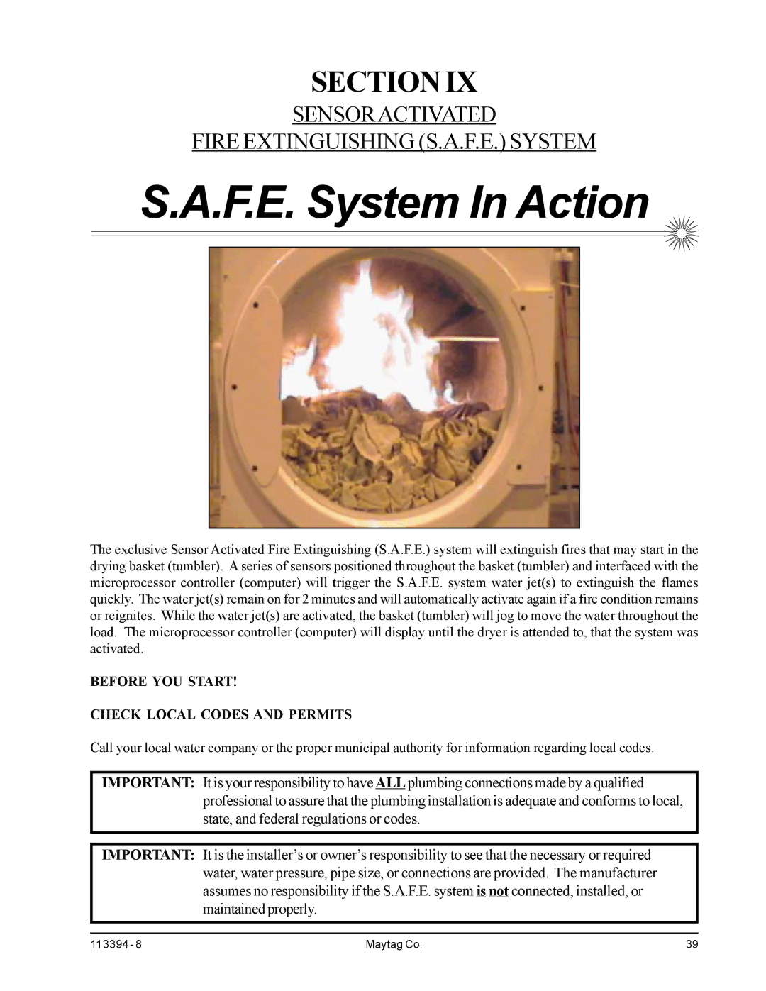 American Dryer Corp MDG75MNV, MDG75PNH F.E. System In Action, Sensoractivated Fire Extinguishing S.A.F.E. System 