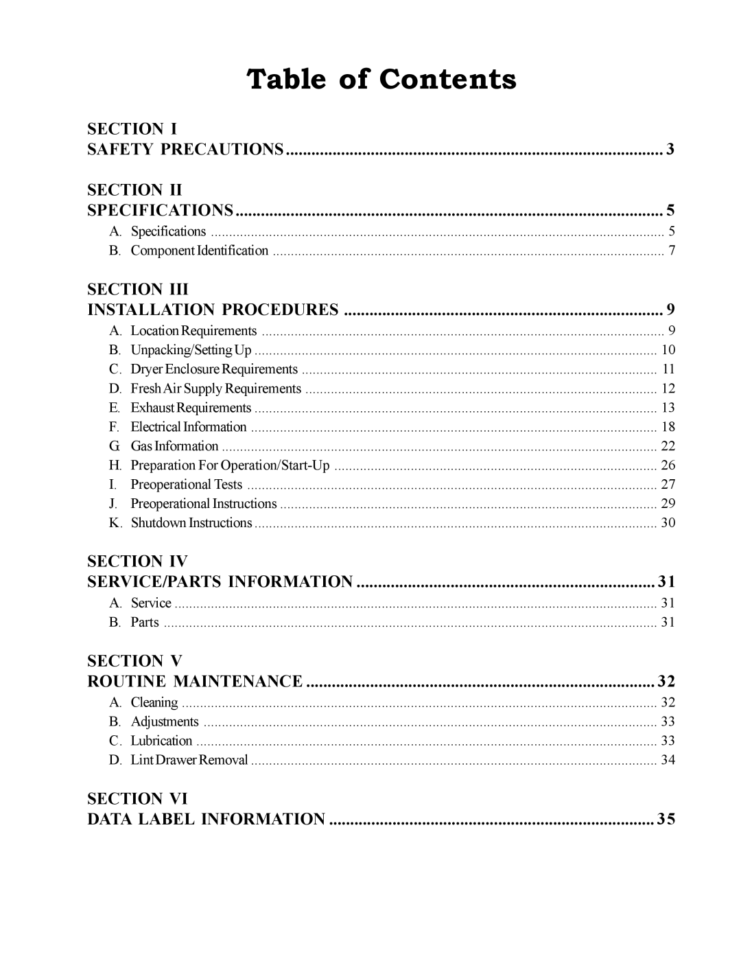 American Dryer Corp MDG75MNV, MDG75PNH installation manual Table of Contents 