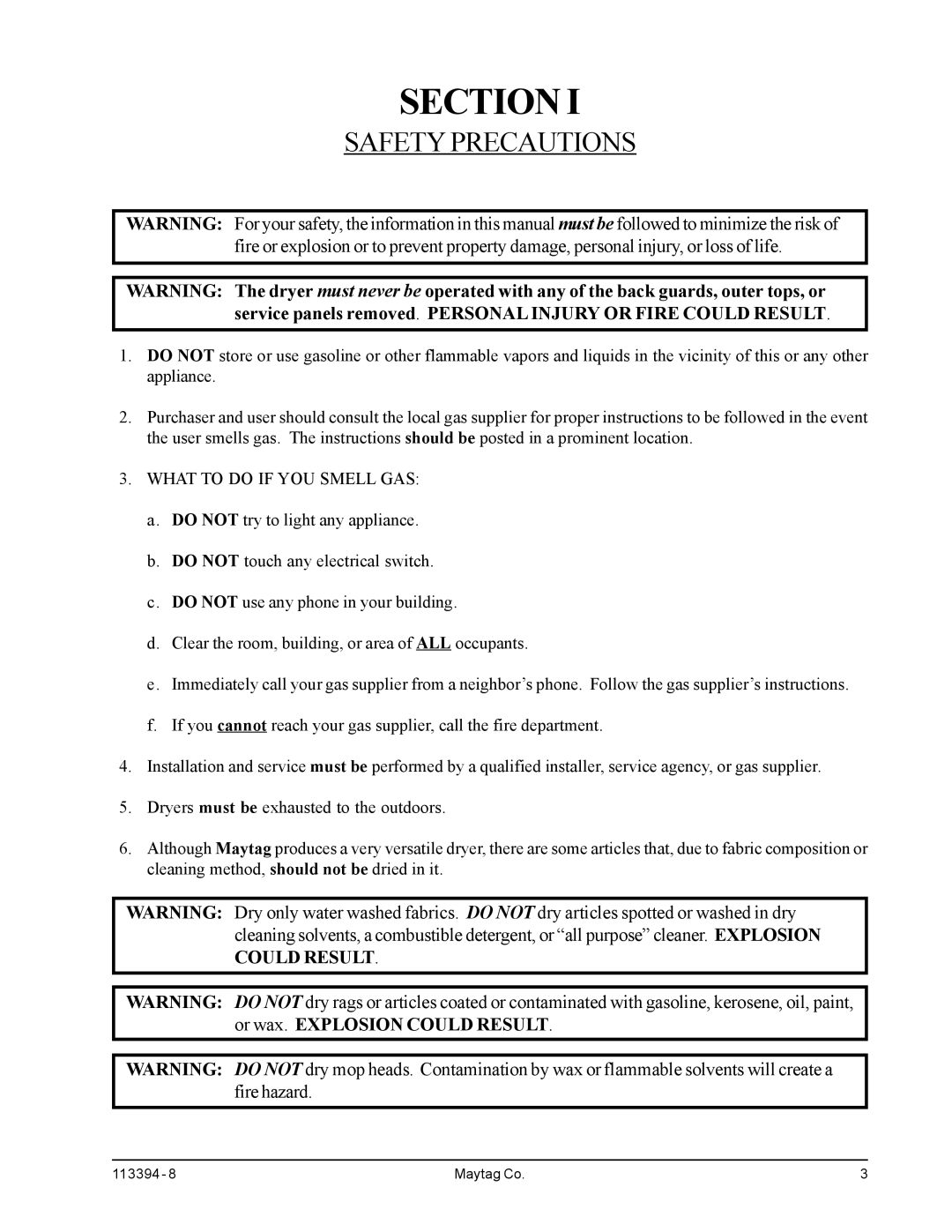 American Dryer Corp MDG75MNV, MDG75PNH installation manual Section, Safety Precautions 