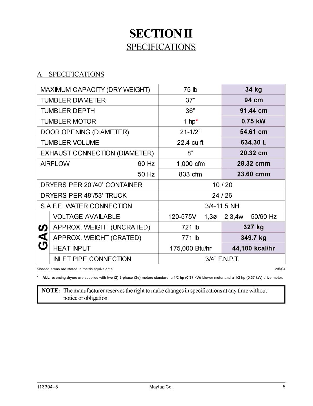 American Dryer Corp MDG75MNV, MDG75PNH installation manual Specifications 