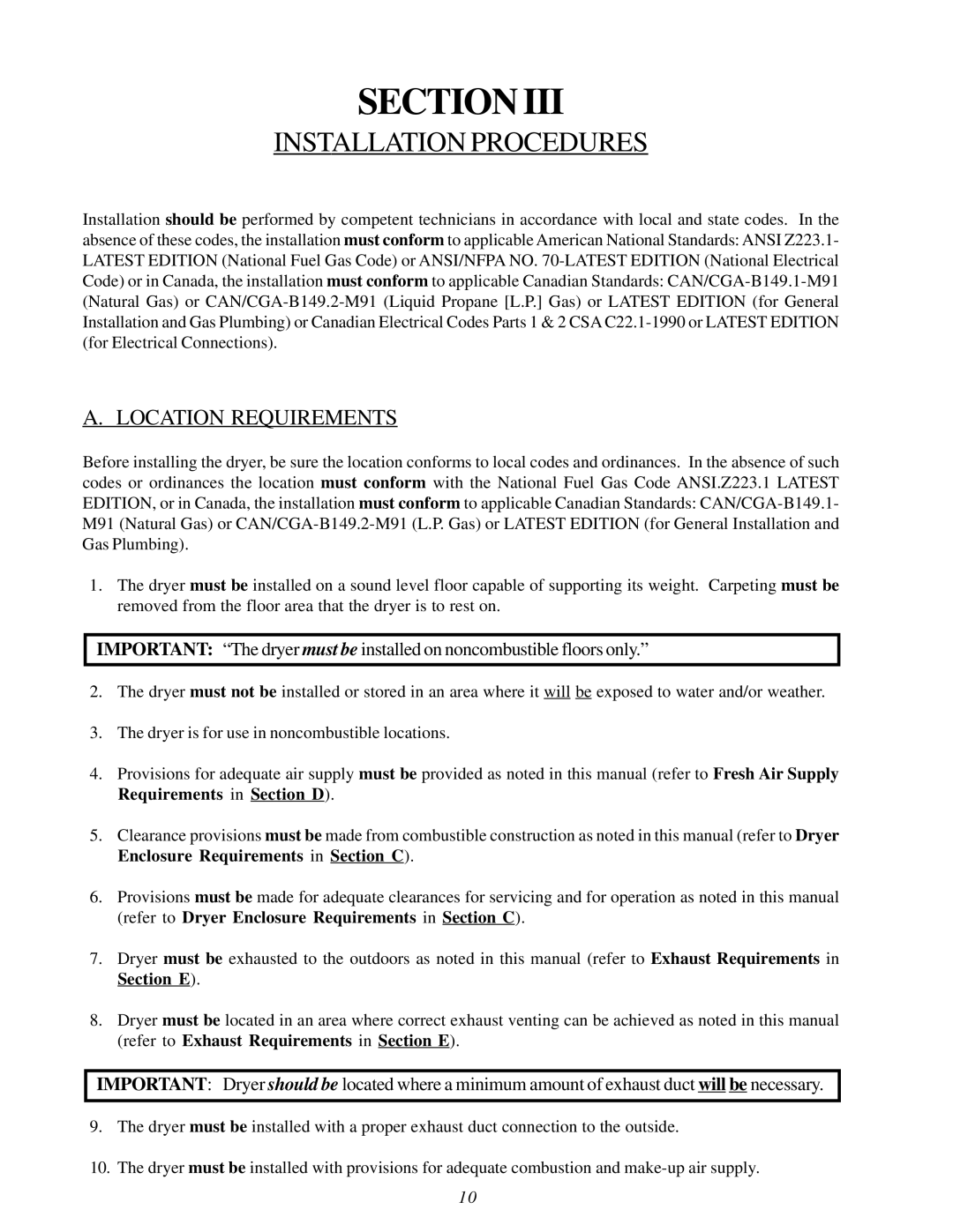 American Dryer Corp MDG75V installation manual Installation Procedures, Location Requirements 