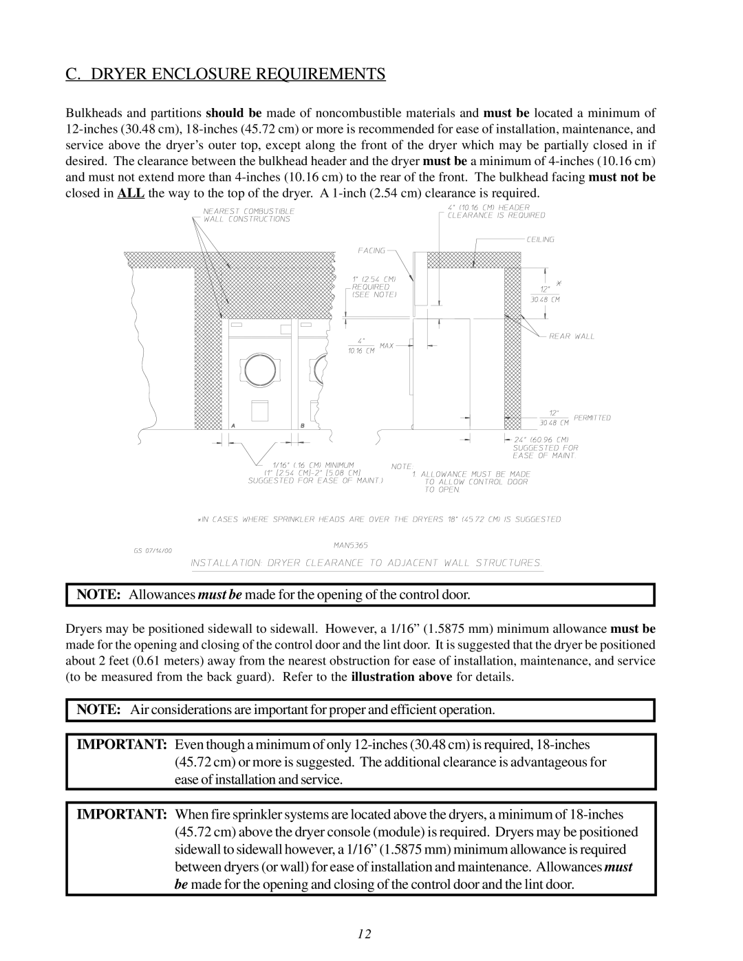 American Dryer Corp MDG75V installation manual Dryer Enclosure Requirements 