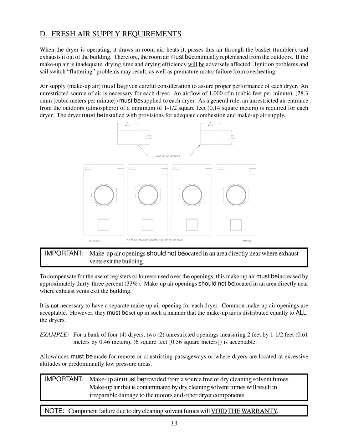 American Dryer Corp MDG75V installation manual Fresh AIR Supply Requirements 