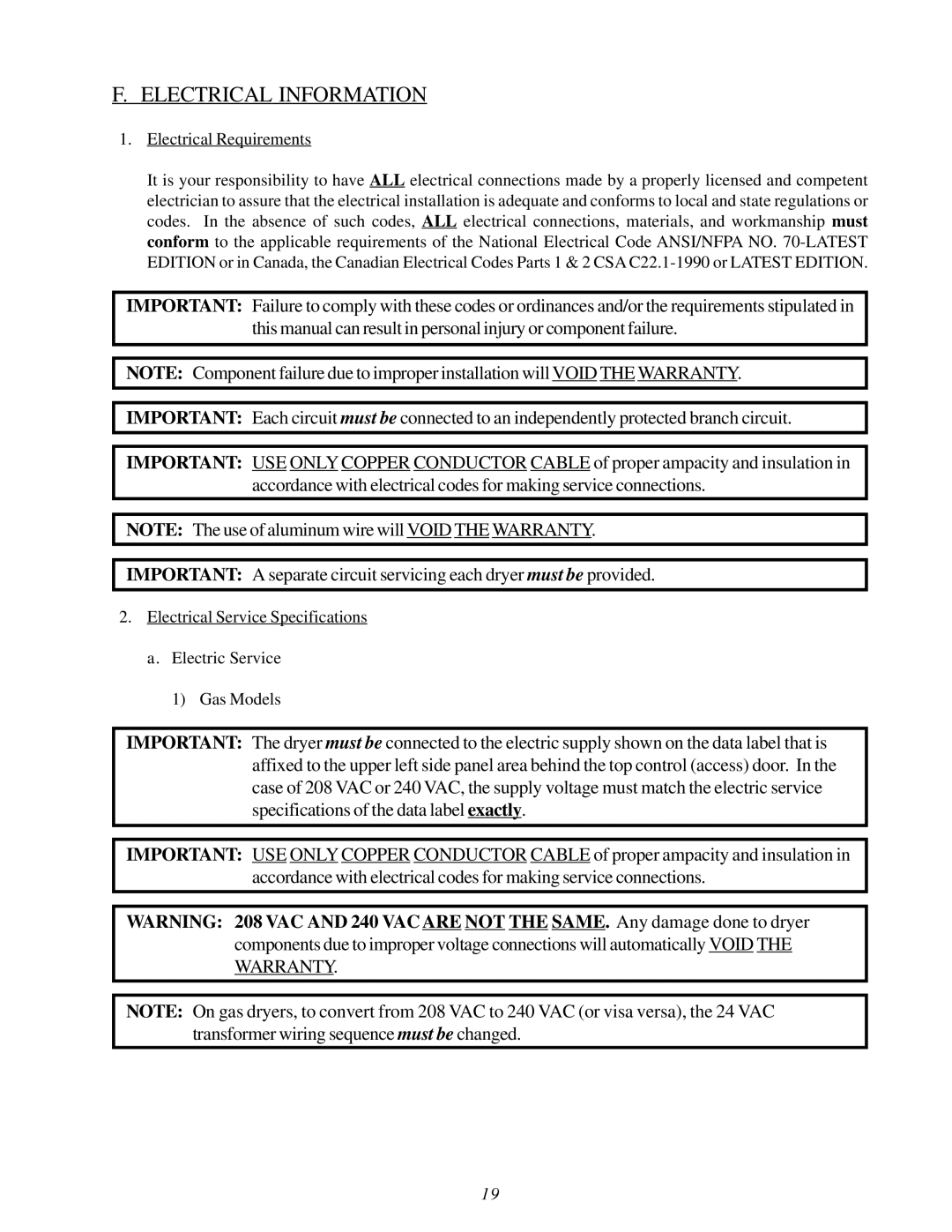 American Dryer Corp MDG75V installation manual Electrical Information, Electrical Requirements 