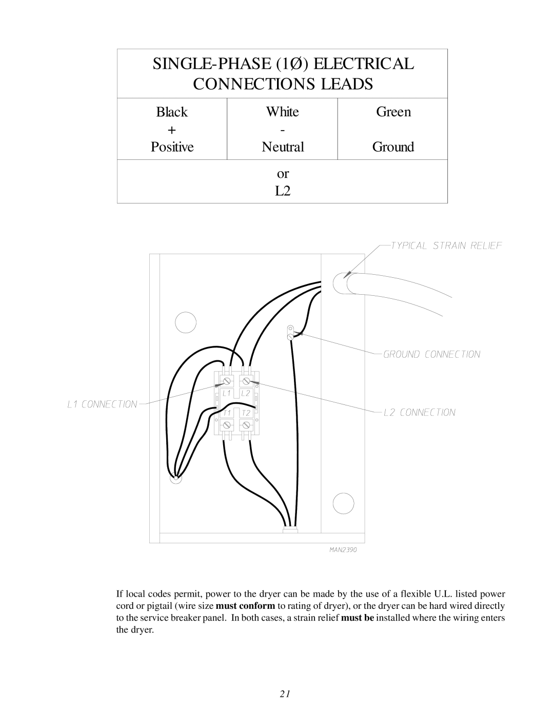 American Dryer Corp MDG75V installation manual SINGLE-PHASE 1Ø Electrical Connections Leads 