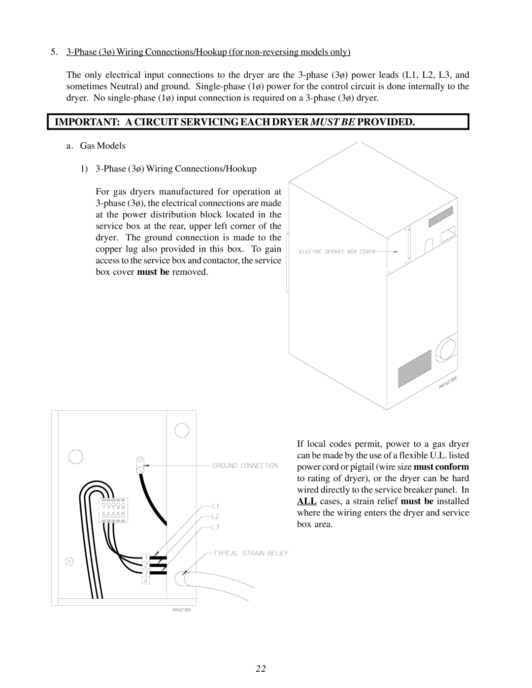 American Dryer Corp MDG75V installation manual Important a Circuit Servicing Each Dryer Must be Provided 