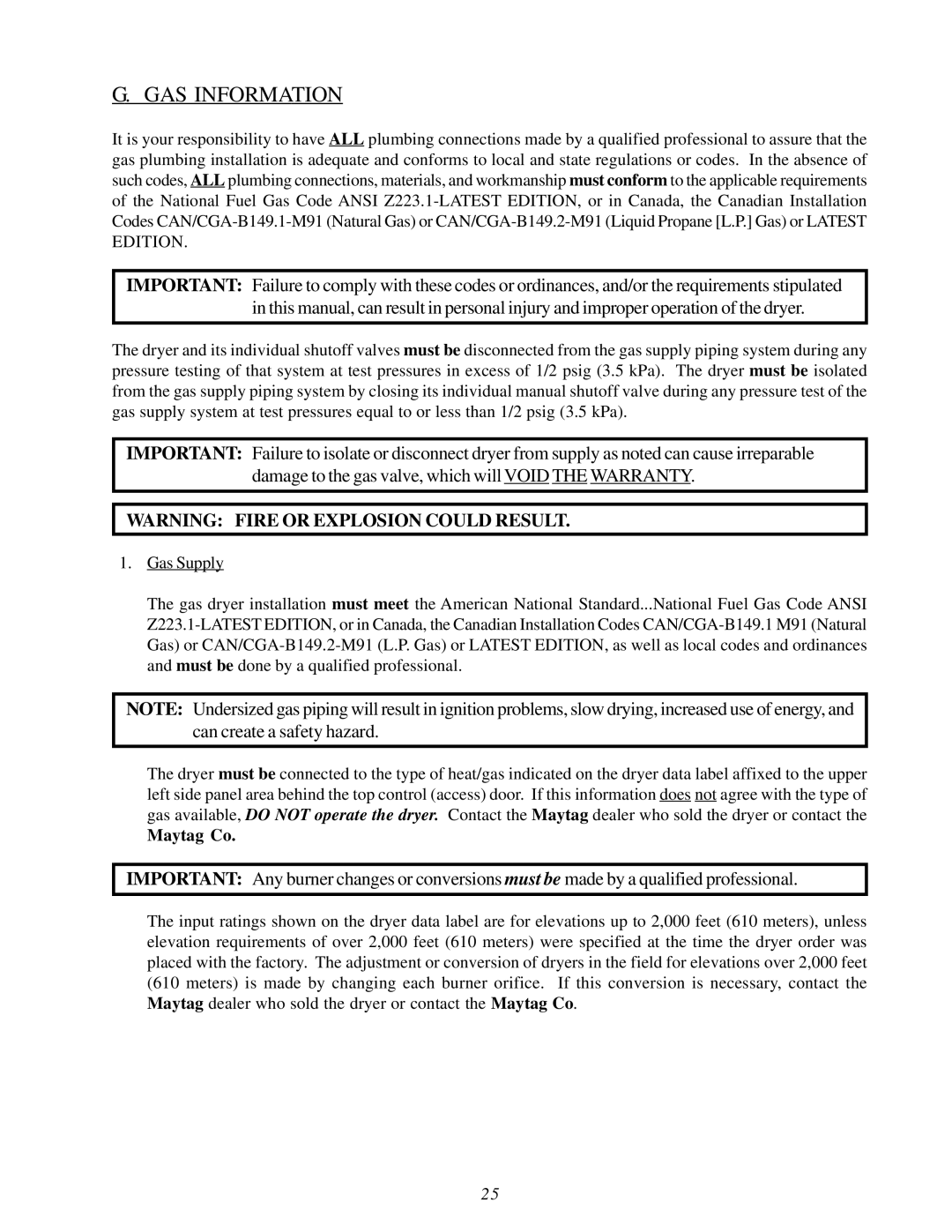 American Dryer Corp MDG75V installation manual GAS Information 