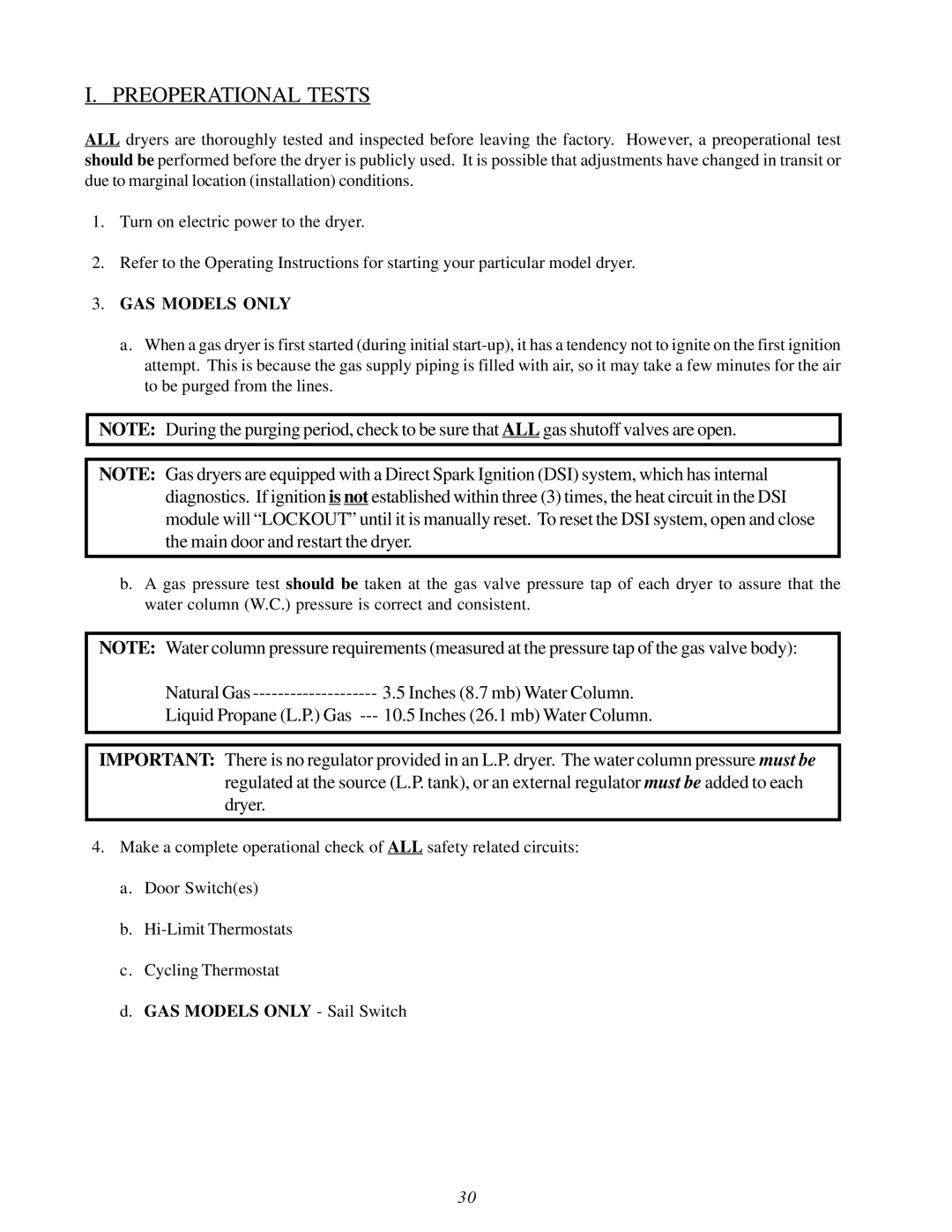 American Dryer Corp MDG75V installation manual Preoperational Tests, GAS Models only 