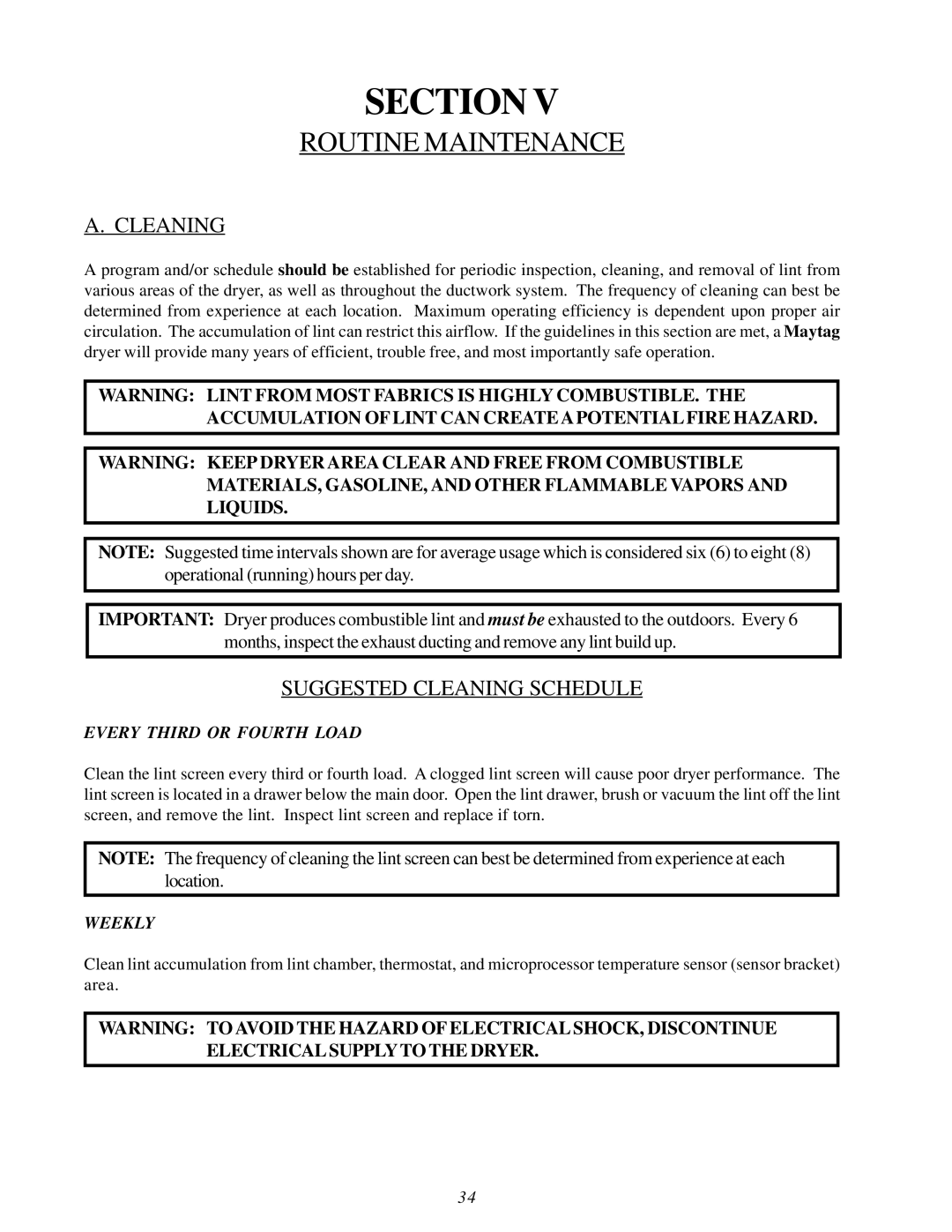 American Dryer Corp MDG75V installation manual Routine Maintenance, Suggested Cleaning Schedule 