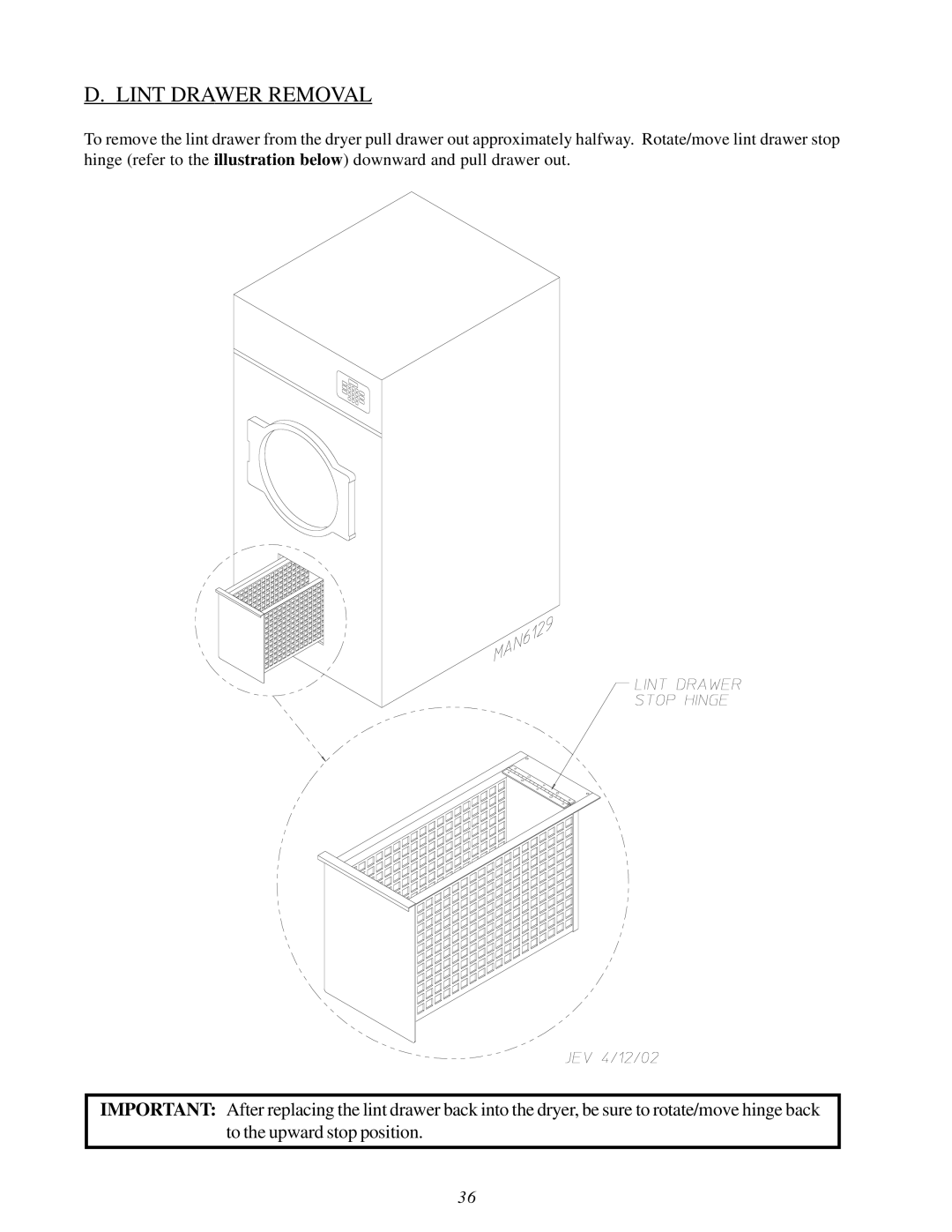 American Dryer Corp MDG75V installation manual Lint Drawer Removal 